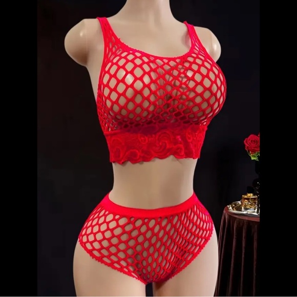 Red, Fishnet, Lingerie Set - Picture 3 of 6